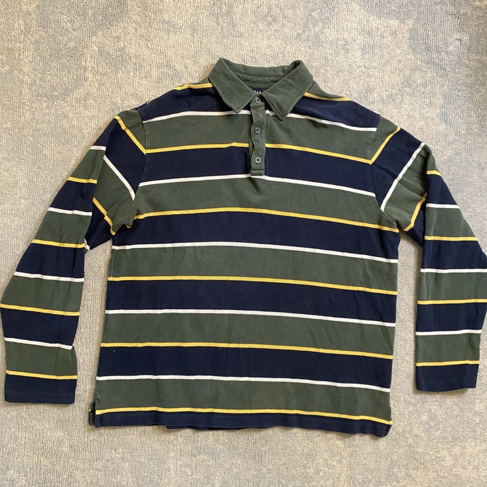 Vintage Gap Shirt Mens XL Green Navy Stripe Long Sleeve Rugby Polo 100% Cotton